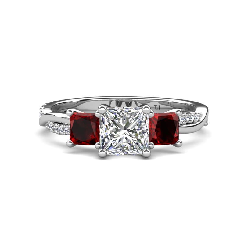 Michele 2.20 ctw (6.50 mm) GIA Certified 3 Stone Princess Cut Natural Diamond (SI/G) and Red Garnet Twisted Vine Engagement Ring 
