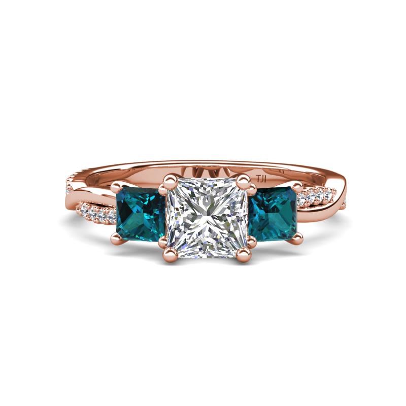 Michele 2.36 ctw (6.50 mm) GIA Certified 3 Stone Princess Cut Natural Diamond (SI/G) and Blue Diamond Twisted Vine Engagement Ring 