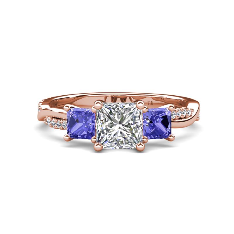 Michele 2.20 ctw (6.50 mm) GIA Certified 3 Stone Princess Cut Natural Diamond (SI/G) and Tanzanite Twisted Vine Engagement Ring 