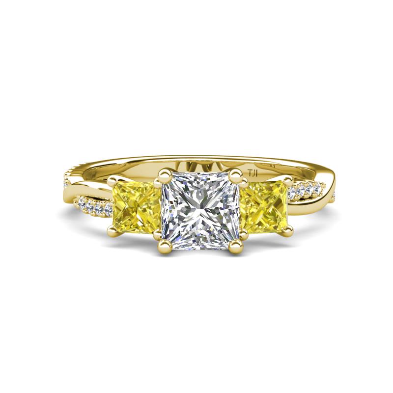 Michele 2.36 ctw (6.50 mm) GIA Certified 3 Stone Princess Cut Natural Diamond (SI/G) and Yellow Diamond Twisted Vine Engagement Ring 