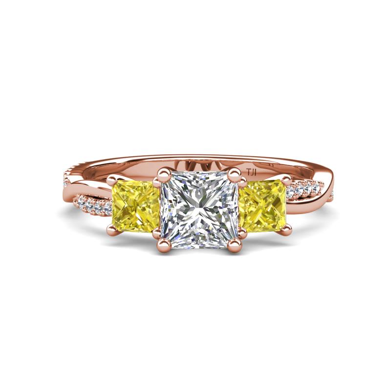 Michele 2.36 ctw (6.50 mm) GIA Certified 3 Stone Princess Cut Natural Diamond (SI/G) and Yellow Diamond Twisted Vine Engagement Ring 