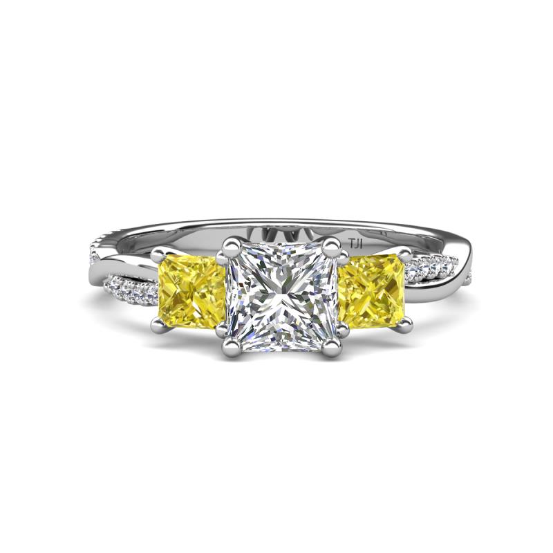 Michele 2.36 ctw (6.50 mm) GIA Certified 3 Stone Princess Cut Natural Diamond (SI/G) and Yellow Diamond Twisted Vine Engagement Ring 