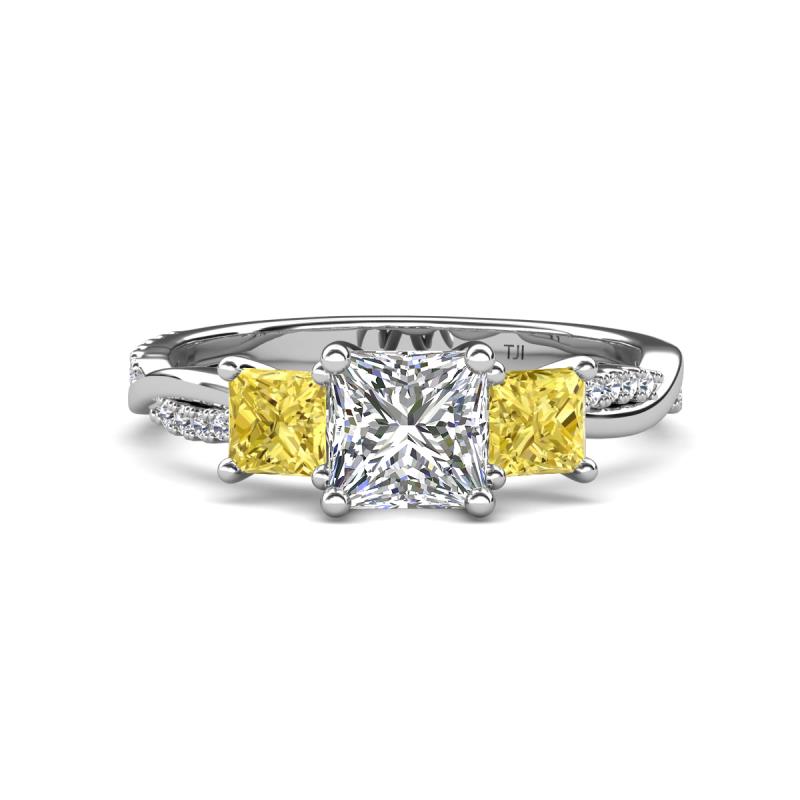 Michele 2.40 ctw (6.50 mm) GIA Certified 3 Stone Princess Cut Natural Diamond (SI/G) and Yellow Sapphire Twisted Vine Engagement Ring 