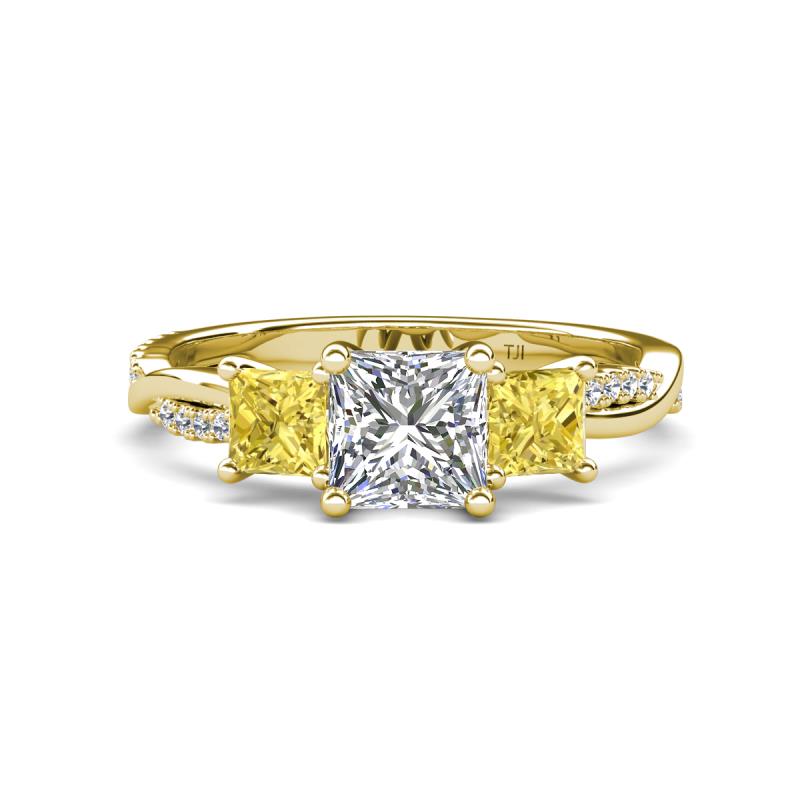 Michele 2.40 ctw (6.50 mm) GIA Certified 3 Stone Princess Cut Natural Diamond (SI/G) and Yellow Sapphire Twisted Vine Engagement Ring 