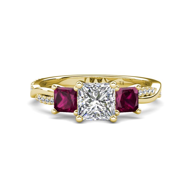 Michele 2.20 ctw (6.50 mm) GIA Certified 3 Stone Princess Cut Natural Diamond (SI/G) and Rhodolite Garnet Twisted Vine Engagement Ring 