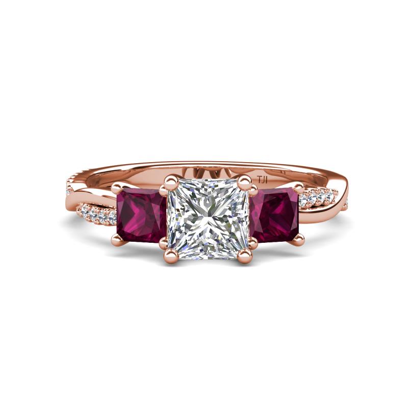 Michele 2.20 ctw (6.50 mm) GIA Certified 3 Stone Princess Cut Natural Diamond (SI/G) and Rhodolite Garnet Twisted Vine Engagement Ring 