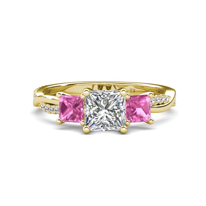 Michele 2.62 ctw (6.50 mm) IGI Certified 3 Stone Princess Cut Lab Grown Diamond (VS1/F) and Pink Sapphire Twisted Vine Engagement Ring 