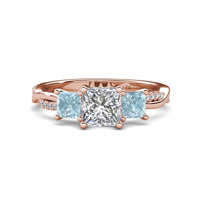 Michele 2.36 ctw (6.50 mm) IGI Certified 3 Stone Princess Cut Lab Grown Diamond (VS1/F) and Aquamarine Twisted Vine Engagement Ring 
