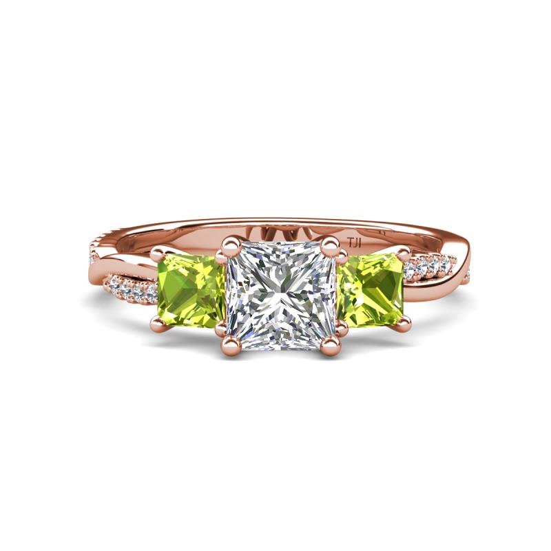 Michele 2.42 ctw (6.50 mm) IGI Certified 3 Stone Princess Cut Lab Grown Diamond (VS1/F) and Peridot Twisted Vine Engagement Ring 