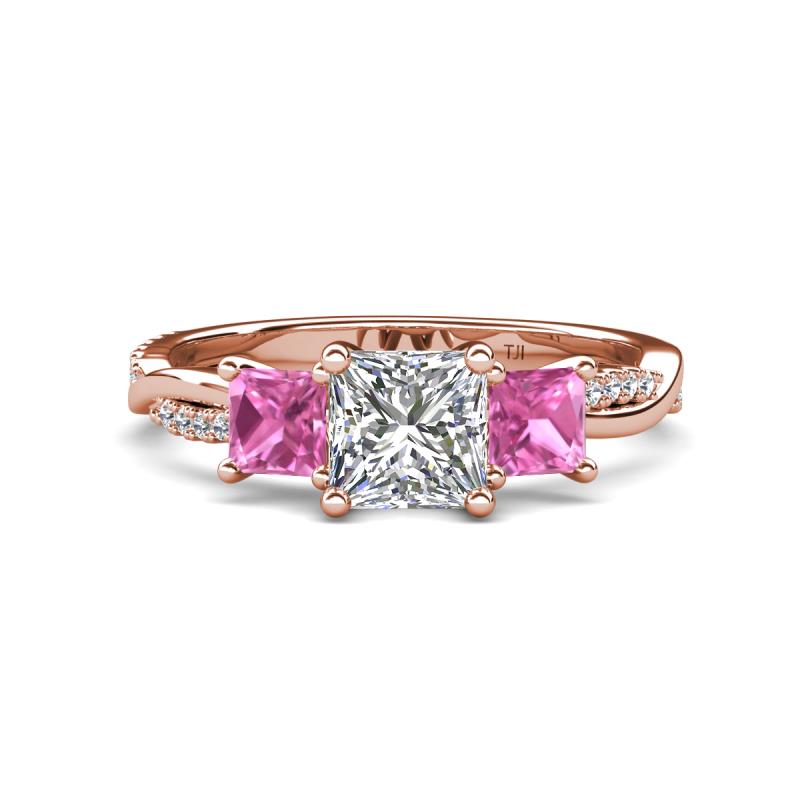 Michele 2.62 ctw (6.50 mm) IGI Certified 3 Stone Princess Cut Lab Grown Diamond (VS1/F) and Pink Sapphire Twisted Vine Engagement Ring 