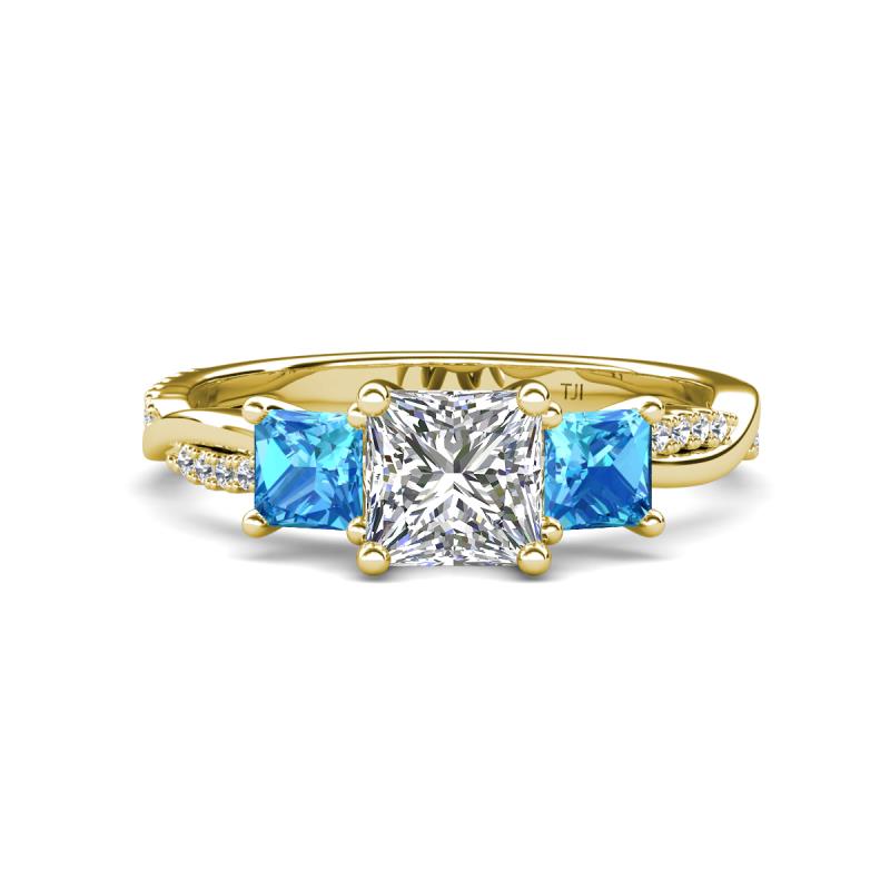 Michele 2.42 ctw (6.50 mm) IGI Certified 3 Stone Princess Cut Lab Grown Diamond (VS1/F) and Blue Topaz Twisted Vine Engagement Ring 