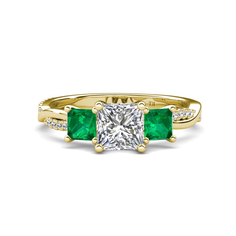 Michele 2.36 ctw (6.50 mm) IGI Certified 3 Stone Princess Cut Lab Grown Diamond (VS1/F) and Emerald Twisted Vine Engagement Ring 