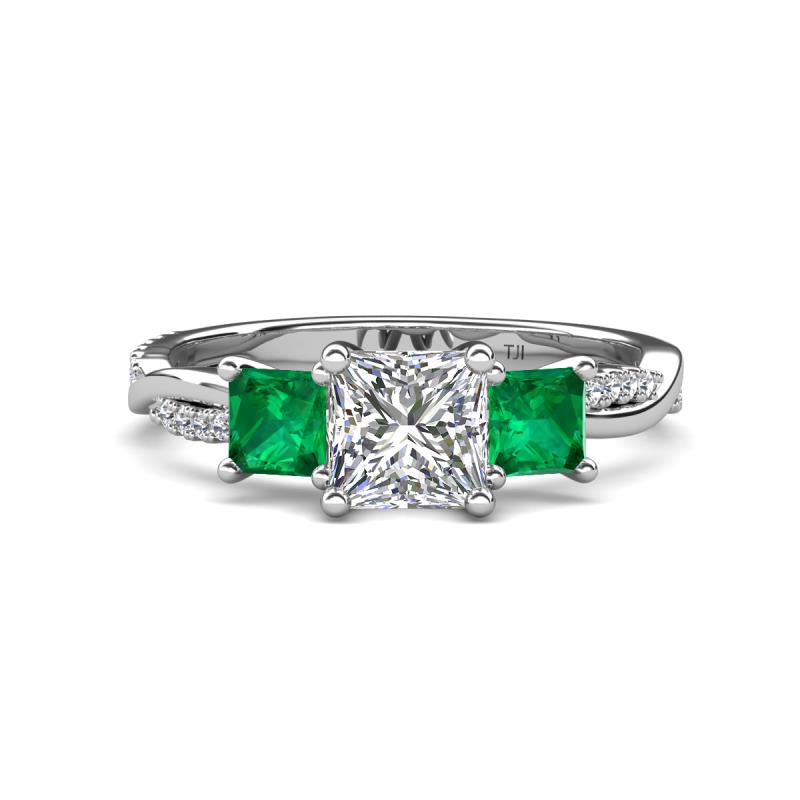 Michele 2.36 ctw (6.50 mm) IGI Certified 3 Stone Princess Cut Lab Grown Diamond (VS1/F) and Emerald Twisted Vine Engagement Ring 