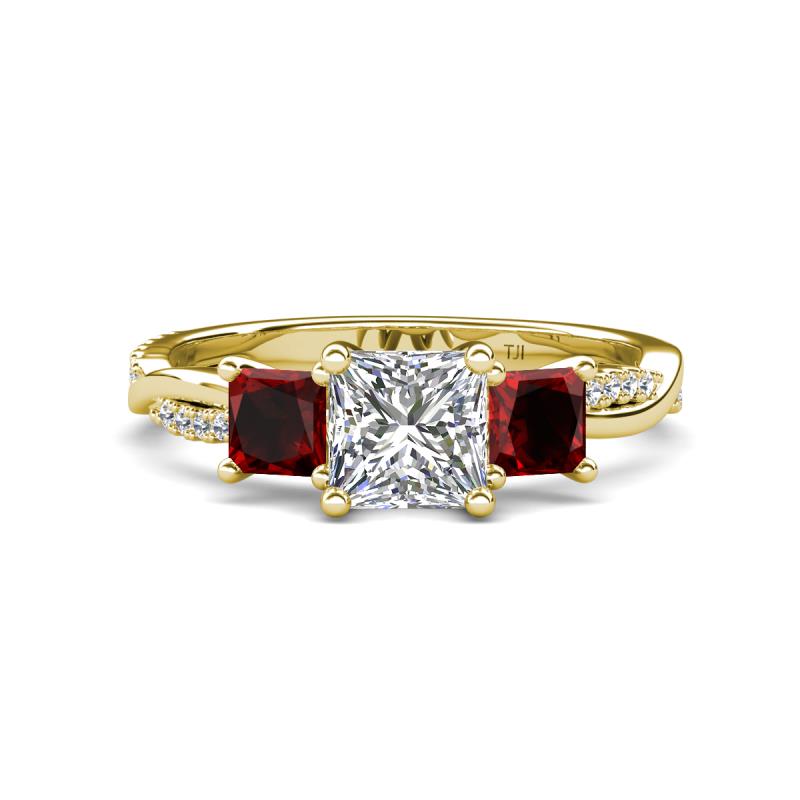 Michele 2.42 ctw (6.50 mm) IGI Certified 3 Stone Princess Cut Lab Grown Diamond (VS1/F) and Red Garnet Twisted Vine Engagement Ring 