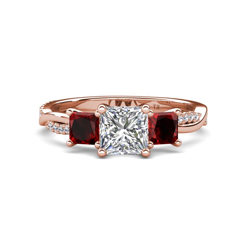 Michele 2.42 ctw (6.50 mm) IGI Certified 3 Stone Princess Cut Lab Grown Diamond (VS1/F) and Red Garnet Twisted Vine Engagement Ring 