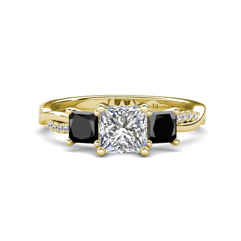 Michele 2.72 ctw (6.50 mm) IGI Certified 3 Stone Princess Cut Lab Grown Diamond (VS1/F) and Black Diamond Twisted Vine Engagement Ring 