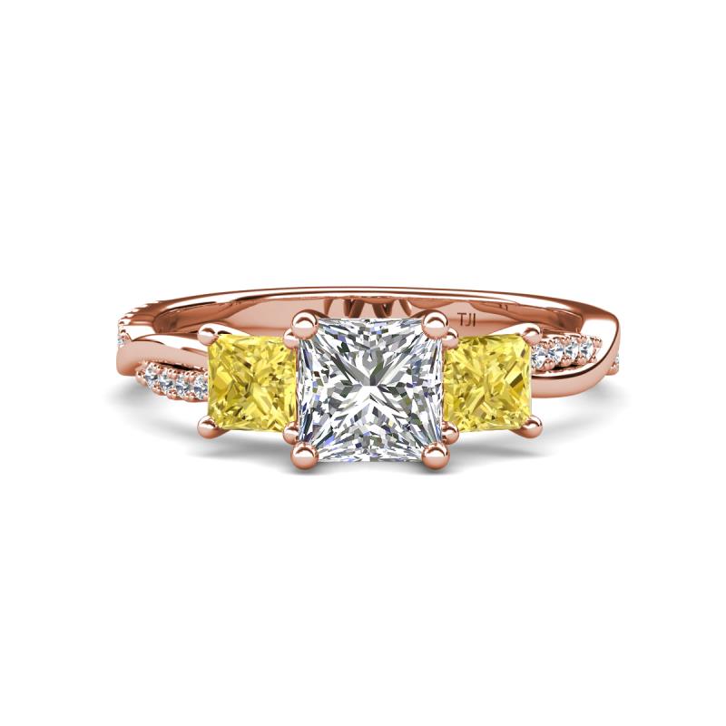 Michele 2.62 ctw (6.50 mm) IGI Certified 3 Stone Princess Cut Lab Grown Diamond (VS1/F) and Yellow Sapphire Twisted Vine Engagement Ring 