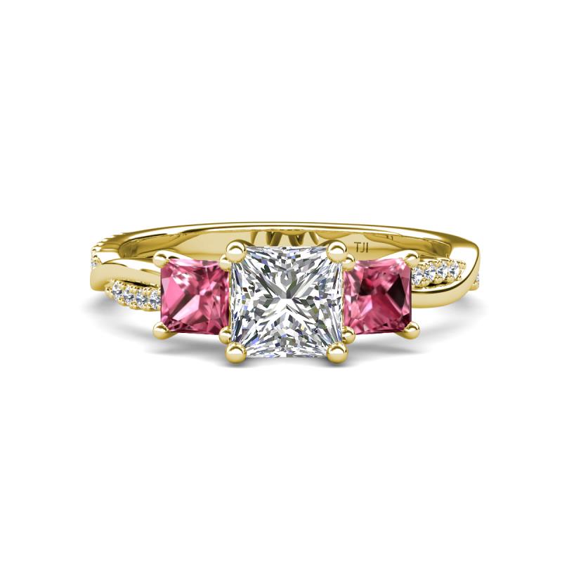 Michele 2.36 ctw (6.50 mm) IGI Certified 3 Stone Princess Cut Lab Grown Diamond (VS1/F) and Pink Tourmaline Twisted Vine Engagement Ring 