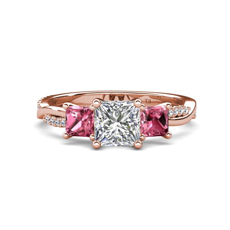 Michele 2.36 ctw (6.50 mm) IGI Certified 3 Stone Princess Cut Lab Grown Diamond (VS1/F) and Pink Tourmaline Twisted Vine Engagement Ring 