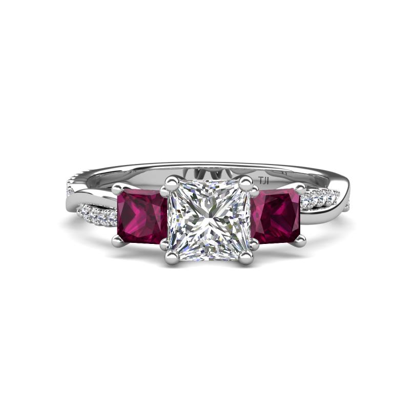 Michele 2.42 ctw (6.50 mm) IGI Certified 3 Stone Princess Cut Lab Grown Diamond (VS1/F) and Rhodolite Garnet Twisted Vine Engagement Ring 