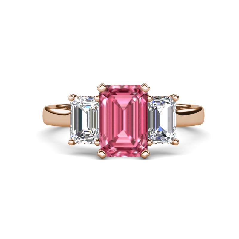 Aletta 4.19 ctw (9x7 mm) Emerald Cut Pink Tourmaline and Lab Grown Diamond with Round Natural Diamond Beneath Three Stone Engagement Ring 