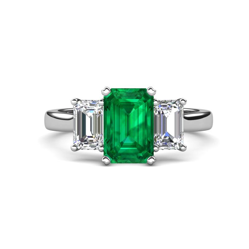 Aletta 3.29 ctw (9x7 mm) Emerald Cut Lab Created Emerald and Lab Grown Diamond with Round Natural Diamond Beneath Three Stone Engagement Ring 