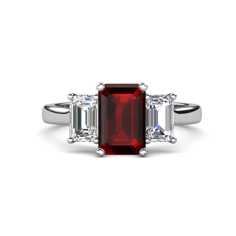 Aletta 4.34 ctw (9x7 mm) Emerald Cut Red Garnet and Lab Grown Diamond with Round Natural Diamond Beneath Three Stone Engagement Ring 