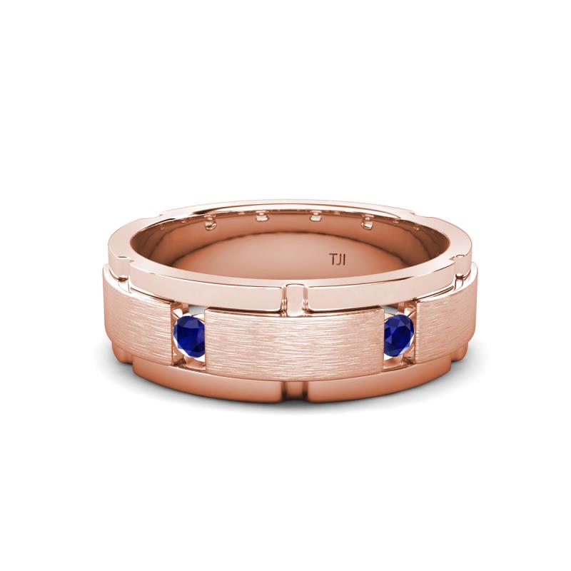 Laken 0.26 ctw (2.50 mm) Round Blue Sapphire Satin Finished Center and Polished Edges with Grooved Lines Men Wedding Band 