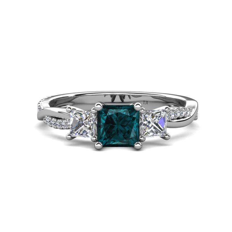 Michele 1.98 ctw (5.50 mm) 3 Stone Princess Cut London Blue Topaz and Lab Grown Diamond Twisted Vine Engagement Ring 