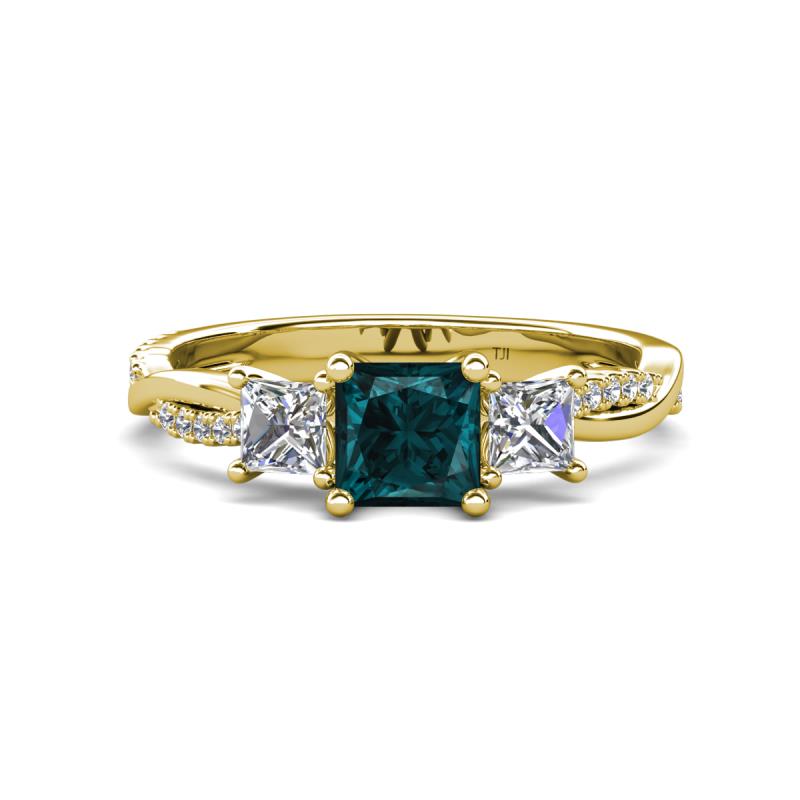 Michele 1.98 ctw (5.50 mm) 3 Stone Princess Cut London Blue Topaz and Lab Grown Diamond Twisted Vine Engagement Ring 