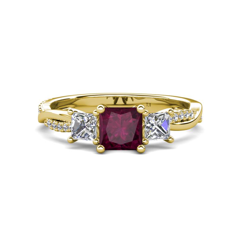 Michele 1.85 ctw (5.50 mm) 3 Stone Princess Cut Rhodolite Garnet and Lab Grown Diamond Twisted Vine Engagement Ring 