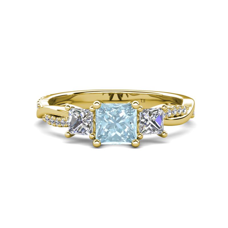 Michele 1.60 ctw (5.50 mm) 3 Stone Princess Cut Aquamarine and Natural Diamond Twisted Vine Engagement Ring 