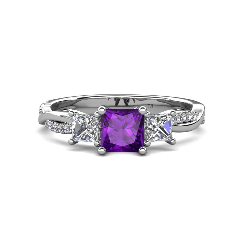 Michele 1.60 ctw (5.50 mm) 3 Stone Princess Cut Amethyst and Natural Diamond Twisted Vine Engagement Ring 