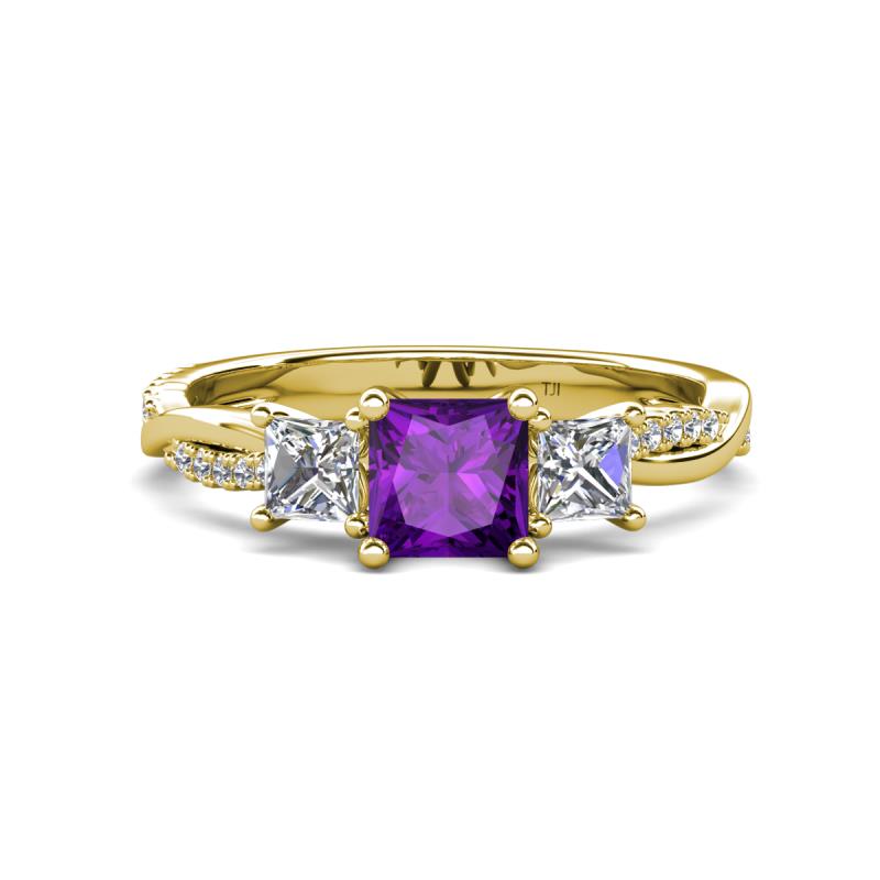 Michele 1.60 ctw (5.50 mm) 3 Stone Princess Cut Amethyst and Natural Diamond Twisted Vine Engagement Ring 