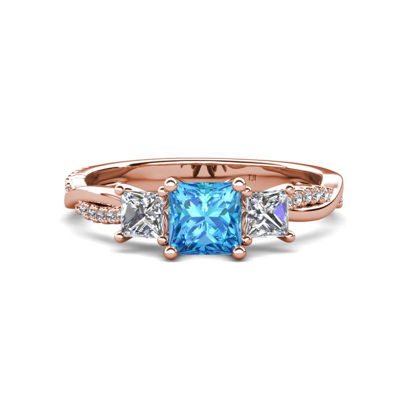 Michele 1.98 ctw (5.50 mm) 3 Stone Princess Cut Blue Topaz and Natural Diamond Twisted Vine Engagement Ring 