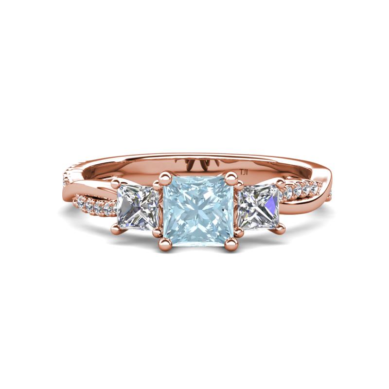 Michele 1.60 ctw (5.50 mm) 3 Stone Princess Cut Aquamarine and Natural Diamond Twisted Vine Engagement Ring 