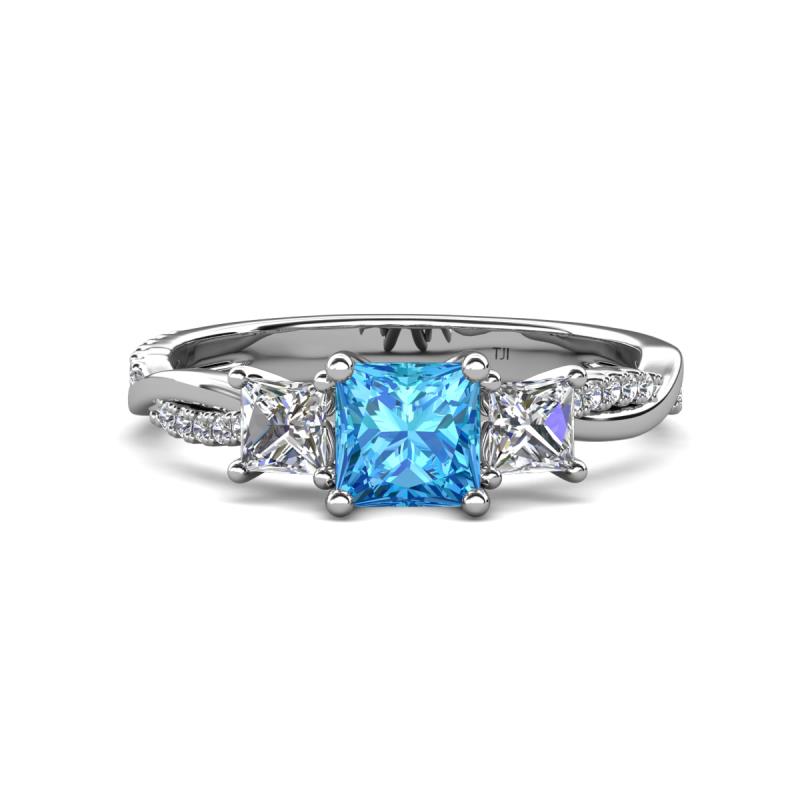 Michele 1.98 ctw (5.50 mm) 3 Stone Princess Cut Blue Topaz and Natural Diamond Twisted Vine Engagement Ring 