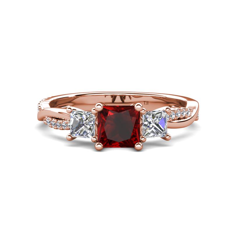 Michele 1.95 ctw (5.50 mm) 3 Stone Princess Cut Red Garnet and Natural Diamond Twisted Vine Engagement Ring 