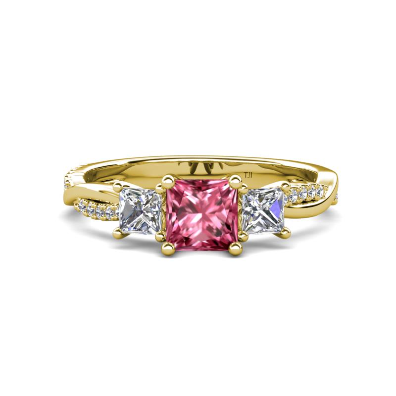 Michele 1.70 ctw (5.50 mm) 3 Stone Princess Cut Pink Tourmaline and Natural Diamond Twisted Vine Engagement Ring 