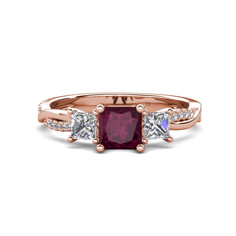 Michele 1.85 ctw (5.50 mm) 3 Stone Princess Cut Rhodolite Garnet and Natural Diamond Twisted Vine Engagement Ring 