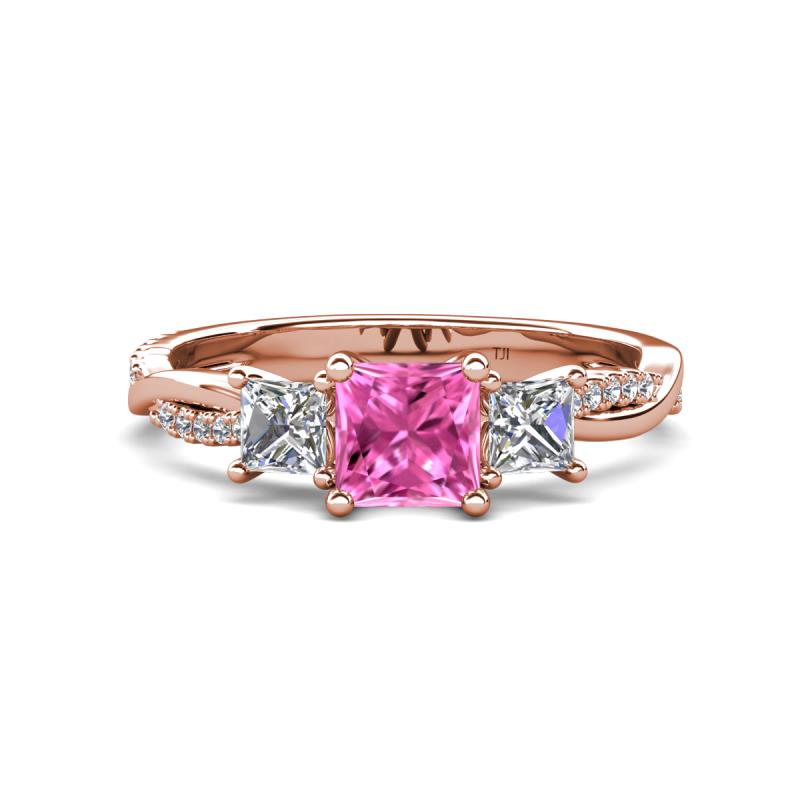 Michele 1.45 ctw (5.50 mm) 3 Stone Princess Cut Pink Sapphire and Natural Diamond Twisted Vine Engagement Ring 