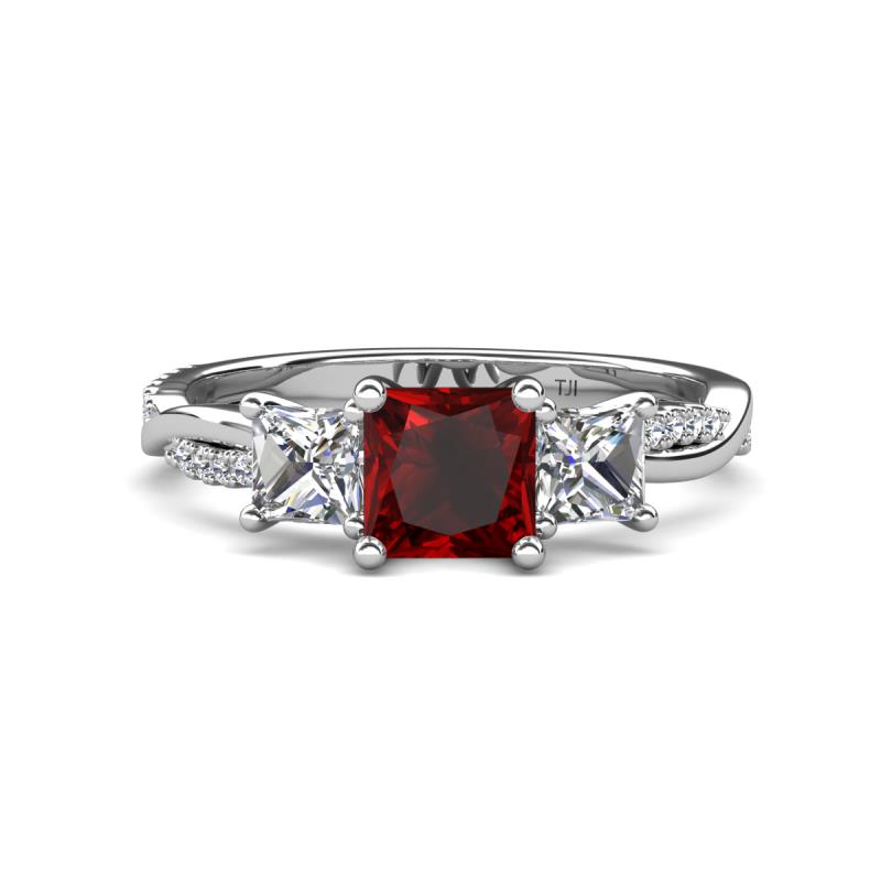 Michele 2.56 ctw (6.50 mm) 3 Stone Princess Cut Red Garnet and Lab Grown Diamond Twisted Vine Engagement Ring 