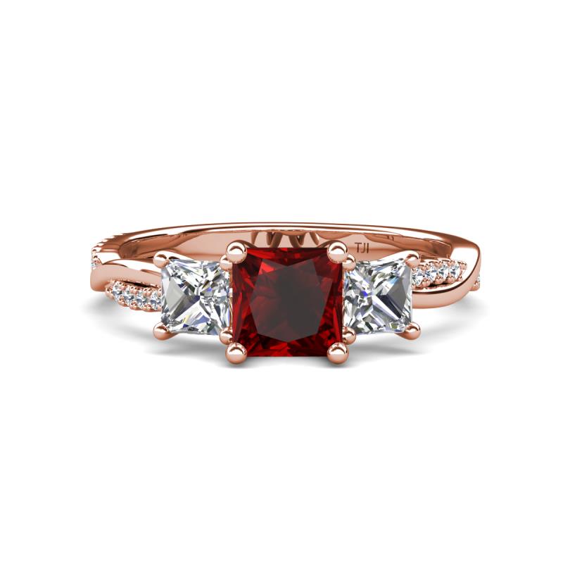 Michele 2.56 ctw (6.50 mm) 3 Stone Princess Cut Red Garnet and Lab Grown Diamond Twisted Vine Engagement Ring 