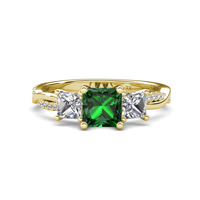 Michele 2.11 ctw (6.50 mm) 3 Stone Princess Cut Lab Created Emerald and Lab Grown Diamond Twisted Vine Engagement Ring 
