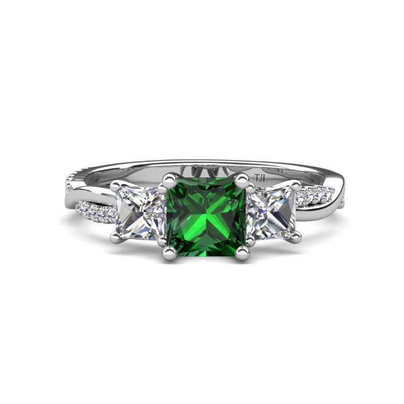 Michele 2.11 ctw (6.50 mm) 3 Stone Princess Cut Lab Created Emerald and Lab Grown Diamond Twisted Vine Engagement Ring 