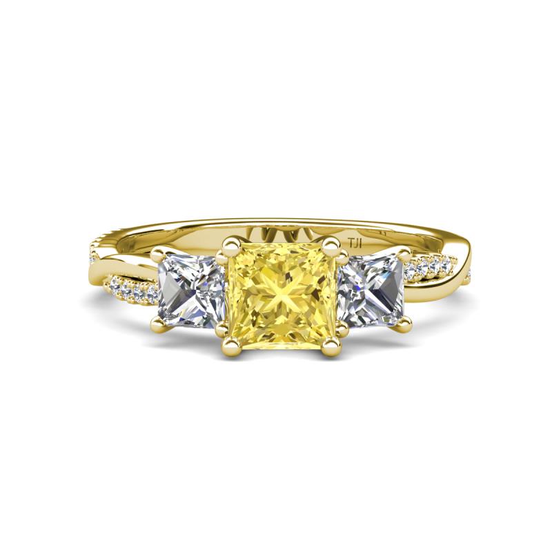 Michele 2.56 ctw (6.50 mm) 3 Stone Princess Cut Lab Created Yellow Sapphire and Lab Grown Diamond Twisted Vine Engagement Ring 
