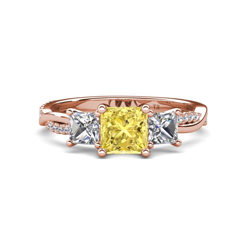 Michele 2.56 ctw (6.50 mm) 3 Stone Princess Cut Lab Created Yellow Sapphire and Lab Grown Diamond Twisted Vine Engagement Ring 