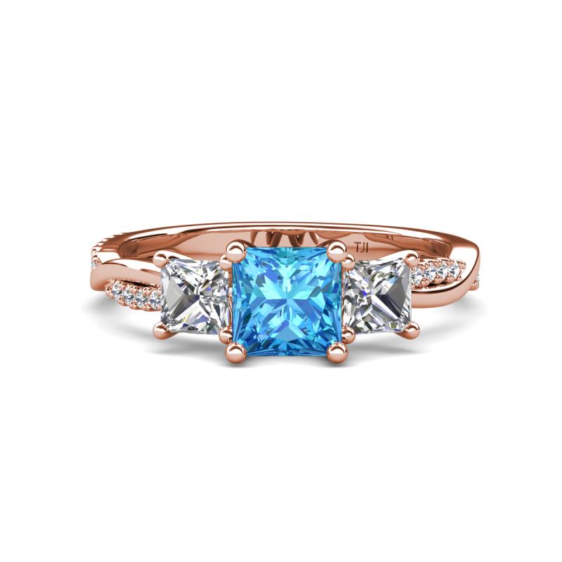 Michele 2.41 ctw (6.50 mm) 3 Stone Princess Cut Blue Topaz and Natural Diamond Twisted Vine Engagement Ring 