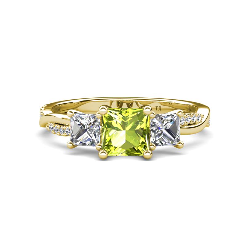 Michele 2.41 ctw (6.50 mm) 3 Stone Princess Cut Peridot and Natural Diamond Twisted Vine Engagement Ring 