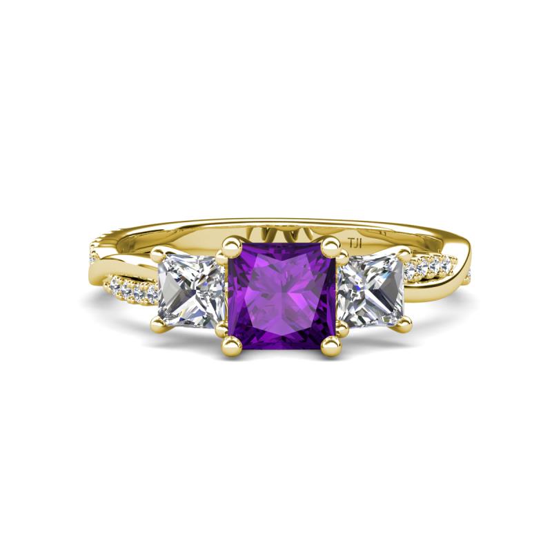 Michele 2.26 ctw (6.50 mm) 3 Stone Princess Cut Amethyst and Natural Diamond Twisted Vine Engagement Ring 